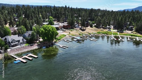 A Drone flight over Big Bear and the Marina showing the recreational areas and the lake

