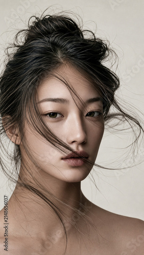 Natural Beauty Portrait of an Asian Woman with Windswept Hair