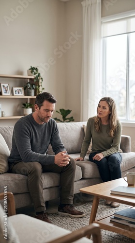 Couple sitting on sofa in living room having a serious conversation