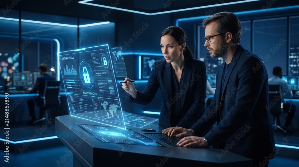 Fototapeta premium Professional IT Experts Analyzing Security Protocols on Futuristic Holographic Interface in Modern Data Command Center, Cybersecurity and Digital Data Protection Technology Concept