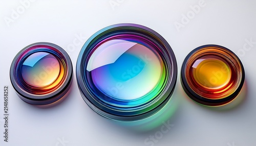 Iridescent And Chromatic Glass Lenses On A Clean White Background