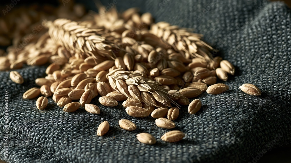 Fototapeta premium Raw organic spelt wheat grains scattered on dark grey linen canvas with side lighting
