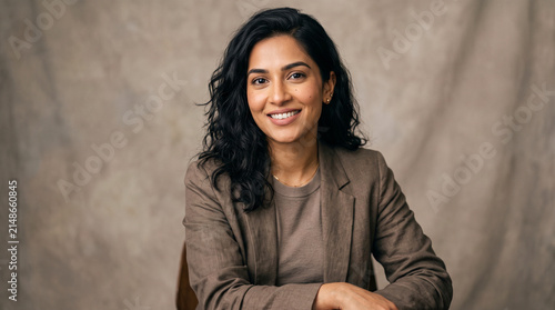 Professional portrait of a smiling woman in a brown blazer
