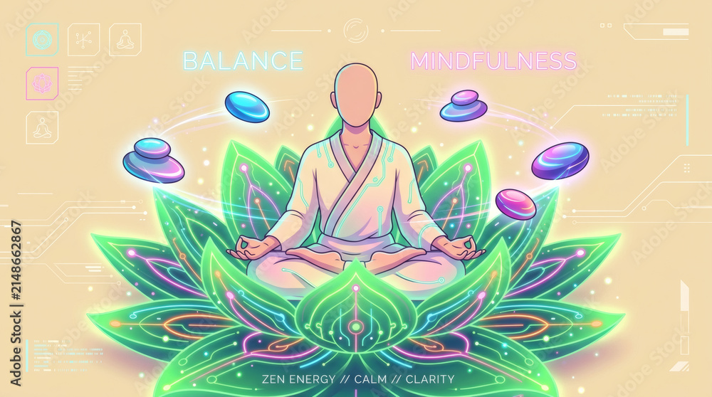 Obraz premium Person meditating on a vibrant lotus flower, symbolizing balance and mindfulness