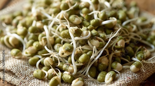Macro shot of organic mung beans sprouting with white roots on damp linen cloth during spring in a kitchen setting