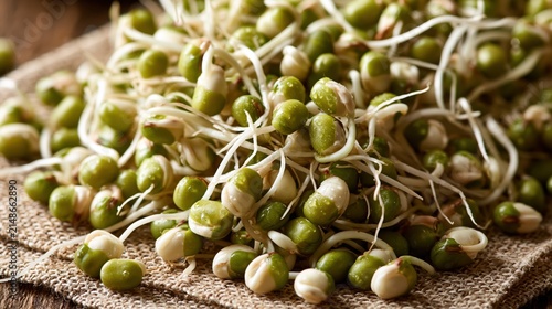 Bursting mung beans with fresh sprouts on a damp linen cloth in a raw food setting