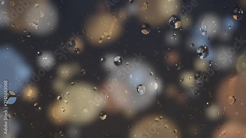 Raindrops on window glass with blurred city bokeh seamless loop in soft amber tones