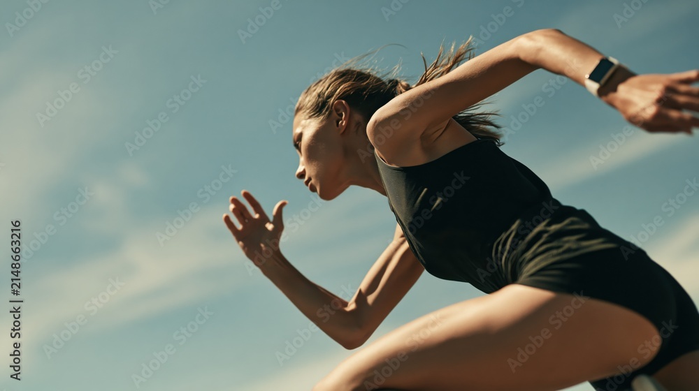 Fototapeta premium Low angle shot of a fit young woman sprinting intensely outdoors against a clear blue sky.