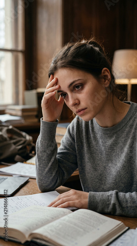 Tired woman student studying at desk with books. Exhausted girl reading textbook and preparing for exam. Academic stress in college library. Mental pressure and burnout during education.