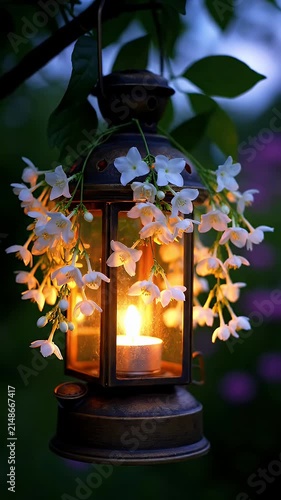 Warm glowing lantern surrounded by white blossoms in a tranquil garden setting at dusk