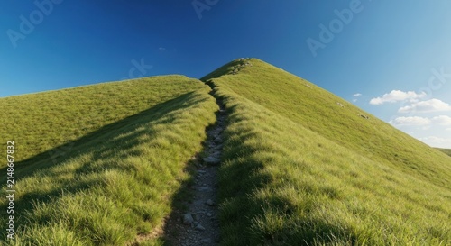 A narrow trail climbs a grassy ridge under a bright blue sky