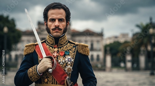 Close detalhado e dramático de Dom Pedro I com expressão decidida e solene segurando sua espada militar com o cenário histórico do Ipiranga ao fundo sob céu nublado e imponente
