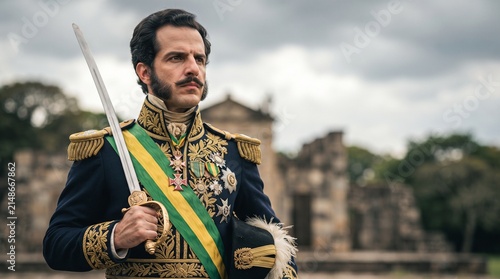 Close detalhado e dramático de Dom Pedro I com expressão decidida e solene segurando sua espada militar com o cenário histórico do Ipiranga ao fundo sob céu nublado e imponente