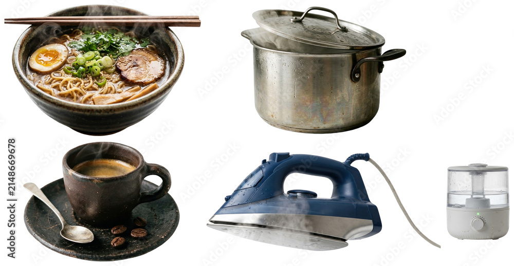 Obraz premium A set of everyday household and kitchen items releasing visible steam, from appliances and cookware to a warm drink and noodle bowl.