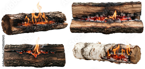 A set of different wood logs burning with flames, embers, charred ends, and smoke on a clean white background.
