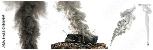 Konstfotografi A set of isolated smoke plumes in different shapes and densities, rising from ember sources in realistic gray and charcoal tones