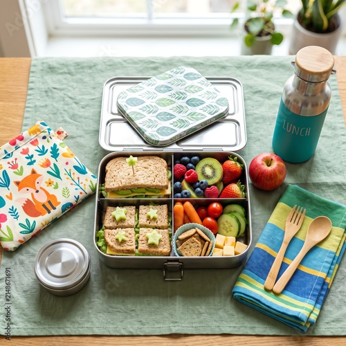 Healthy bento box lunch with sandwiches fruit and vegetables packed in a reusable stainless steel container
