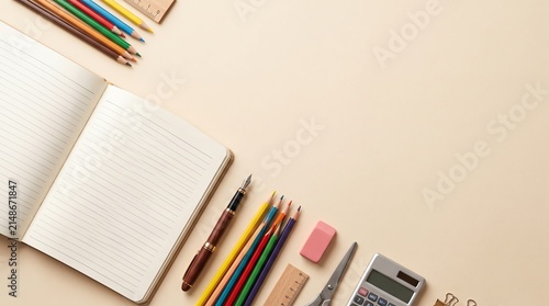 Flat lay of school supplies including an open notebook colored pencils and a calculator on beige background