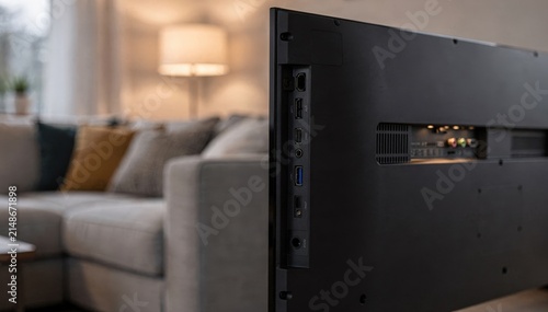 Medium shot focusing on a smart TVs audio output interface while the family room couch and decor remain out of focus creating depth.