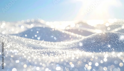 Abstract winter landscape with glowing blur lights and sparkling snow.