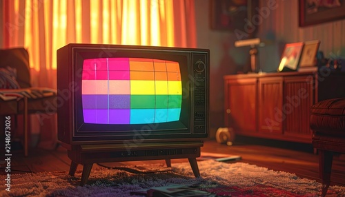 Vintage Retro Television Set Displaying Colorful Test Pattern Screen in Cozy Living Room.
