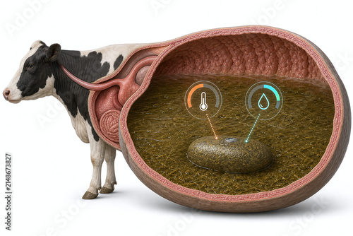 Rumen bolus monitoring inside cow digestive anatomy