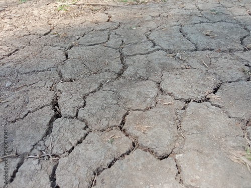 dry, cracked soil on the ground, showcasing deep fissures caused by severe drought and heat. The rough, parched earth texture highlights the harsh environmental conditions and water scarcity.