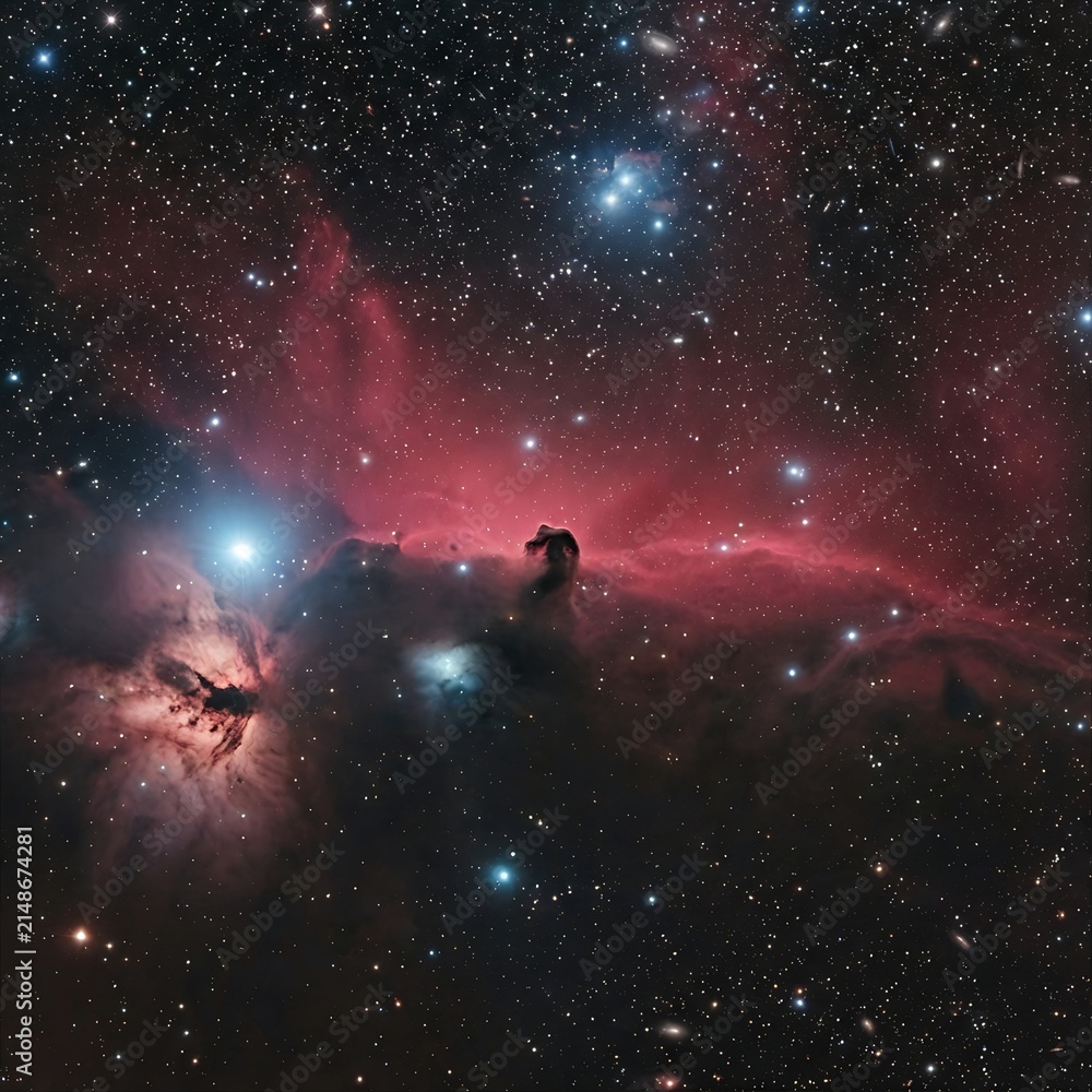 Fototapeta premium The Horsehead Nebula in Orion, a celestial masterpiece of cosmic dust and gas, illuminates the vastness of space with its stunning red and pink hues, studded with distant stars.