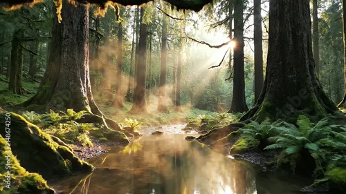Sunlit Forest Stream Surrounded by Moss-Covered Roots and Ferns in Tranquil Woods