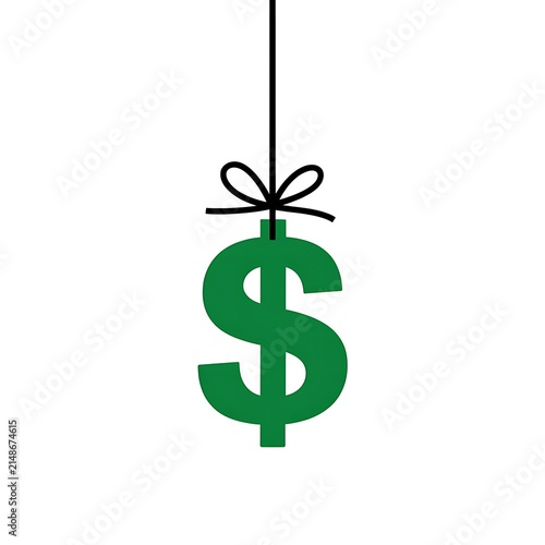 Green dollar sign symbol hanging from a black string