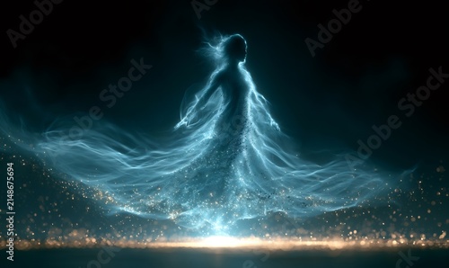 Ethereal female figure manifesting from flowing blue energy and sparkling particles, symbolizing spiritual awakening and transformation