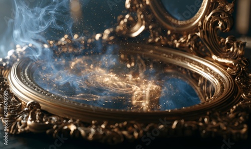Antique gold mirror portal to a magical realm, reflecting mysterious smoke and glittering golden dust. Mystical atmosphere