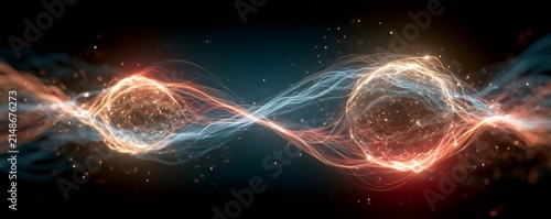 Abstract visualization of quantum entanglement showing two glowing energy orbs linked by swirling light particles and connecting waves