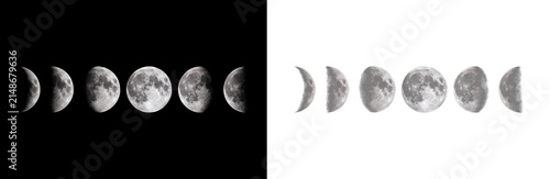Lunar Cycle Phases Progressing Through Celestial Light and Shadow Variations Arranged on Contrasting Black and White Backgrounds