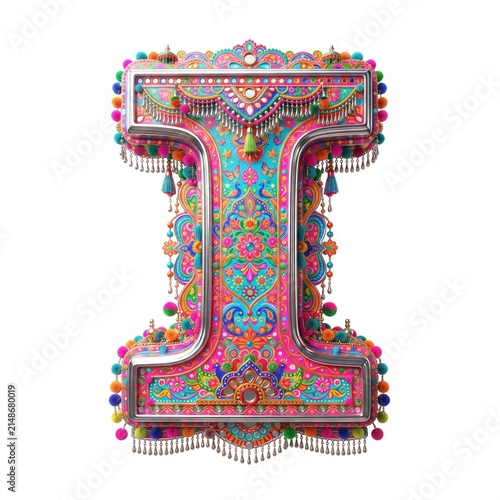 Decorative 3D uppercase letter I in colorful Pakistani truck art folk style isolated on white