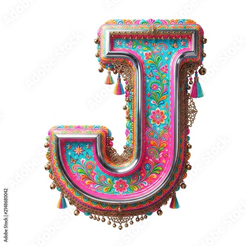 Decorative 3D uppercase letter J in colorful Pakistani truck art folk style isolated on white