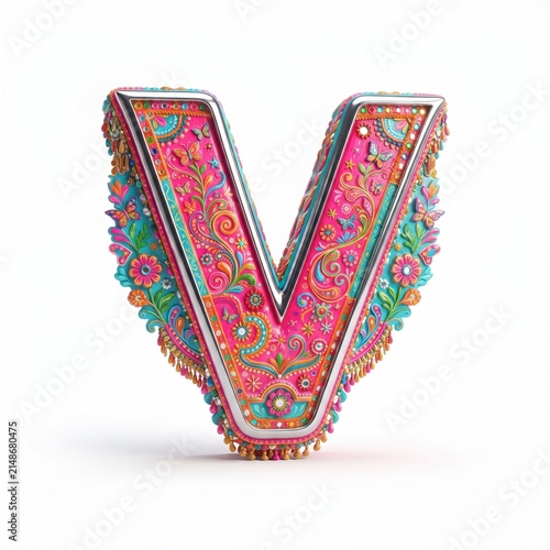 Decorative 3D uppercase letter V in colorful Pakistani truck art folk style isolated on white