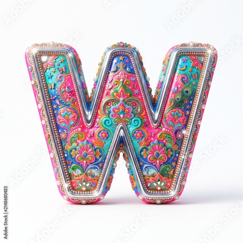Decorative 3D uppercase letter W in colorful Pakistani truck art folk style isolated on white