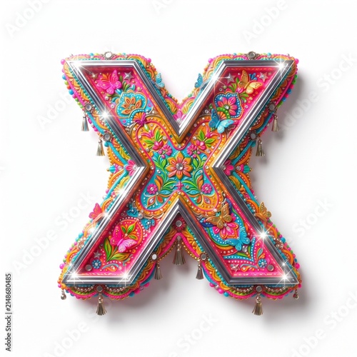 Decorative 3D uppercase letter X in colorful Pakistani truck art folk style isolated on white