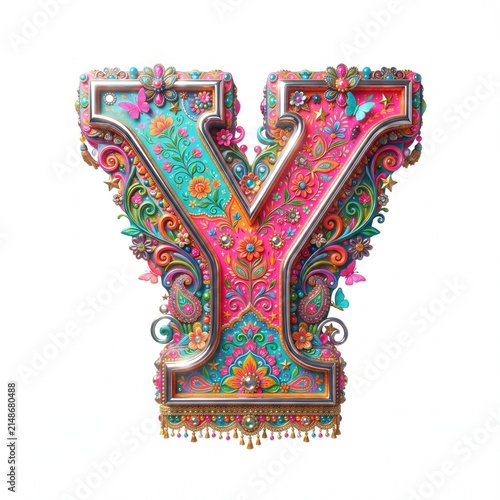 Decorative 3D uppercase letter Y in colorful Pakistani truck art folk style isolated on white