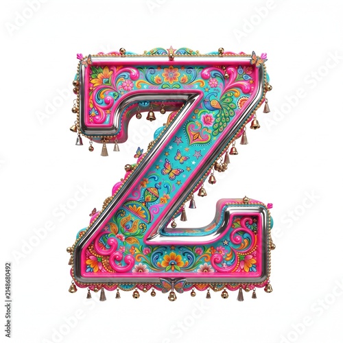 Decorative 3D uppercase letter Z in colorful Pakistani truck art folk style isolated on white