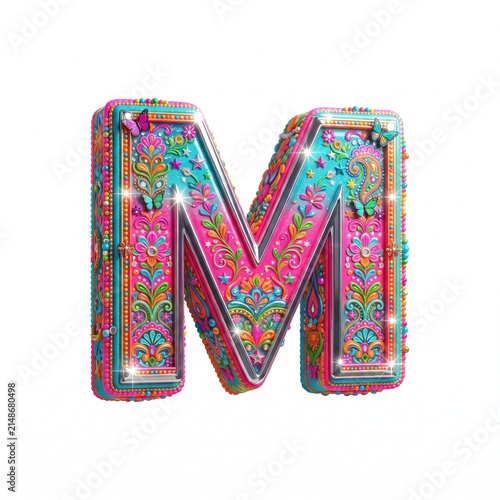 Decorative 3D uppercase letter M in colorful Pakistani truck art folk style isolated on white