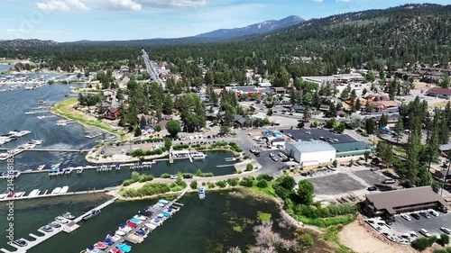 A Drone flight over Big Bear and the Marina showing the recreational areas and the lake