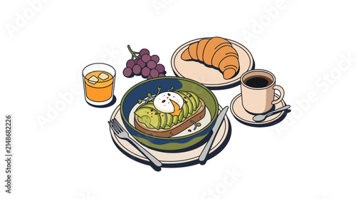 Healthy breakfast spread with avocado toast and coffee