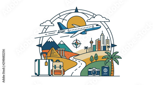 Airplane flying over travel destination icons