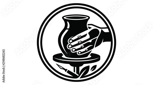 Pottery creation symbol with hands shaping clay on wheel