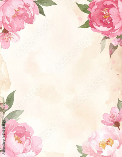 Delicate watercolor floral frame with pink peonies and cherry blossoms on textured beige background, soft spring border for Mother's Day and wedding greetings	