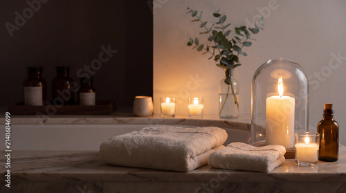 Spa bathroom still life with folded towels candles eucalyptus and amber bottles