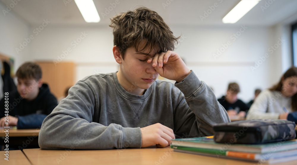 Fototapeta premium Tired teenage boy rubbing eyes in school classroom