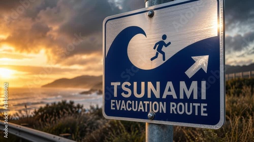 Tsunami Evacuation Route Sign with Slow Moving Storm Clouds at Sunset